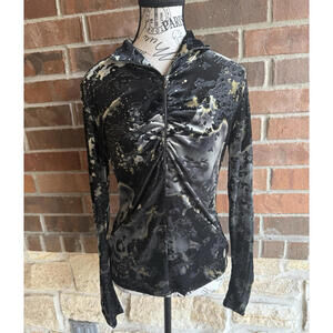 Vintage SNO SKINS Black Grey Burn Out Velvet Zip Front Ruched Stretch SZ Med.